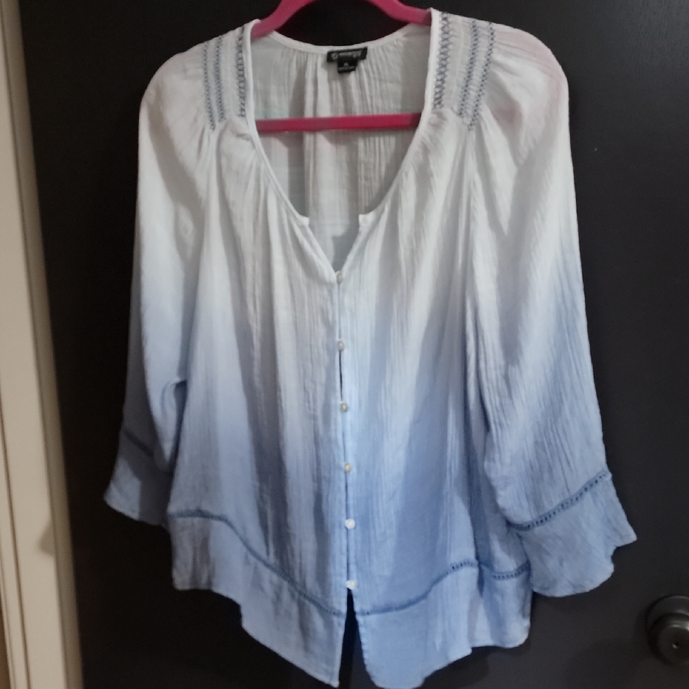 Cato Bell Sleeve White and Blue Blouse